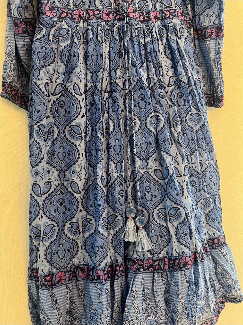 Blue Patterned Maxi Dress with Tassel Tie